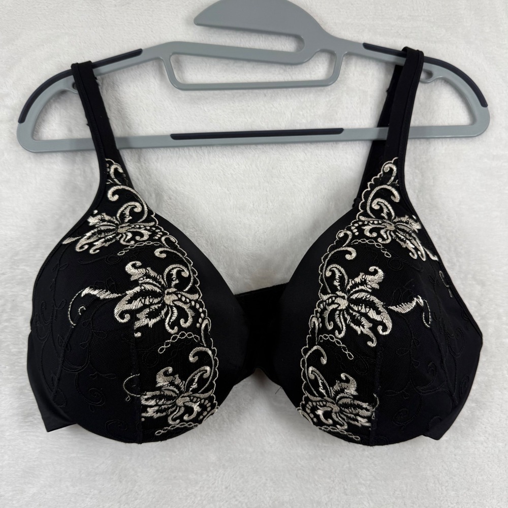 Bali 3468 Womens Black‎ Silver Floral Embroidered Full Coverage Padded Bra 38D